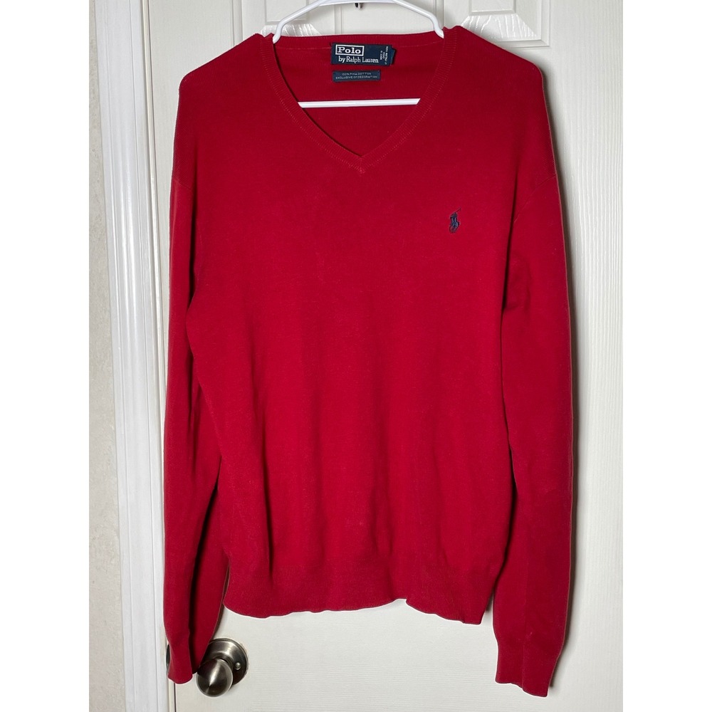 Polo Ralph Lauren Red V-Neck Sweater Mens XL 100% Pima Cotton Italian Yarn Pony
